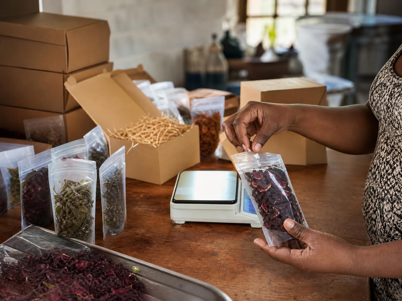 Brave Farm goods being weighed and packed by hand
