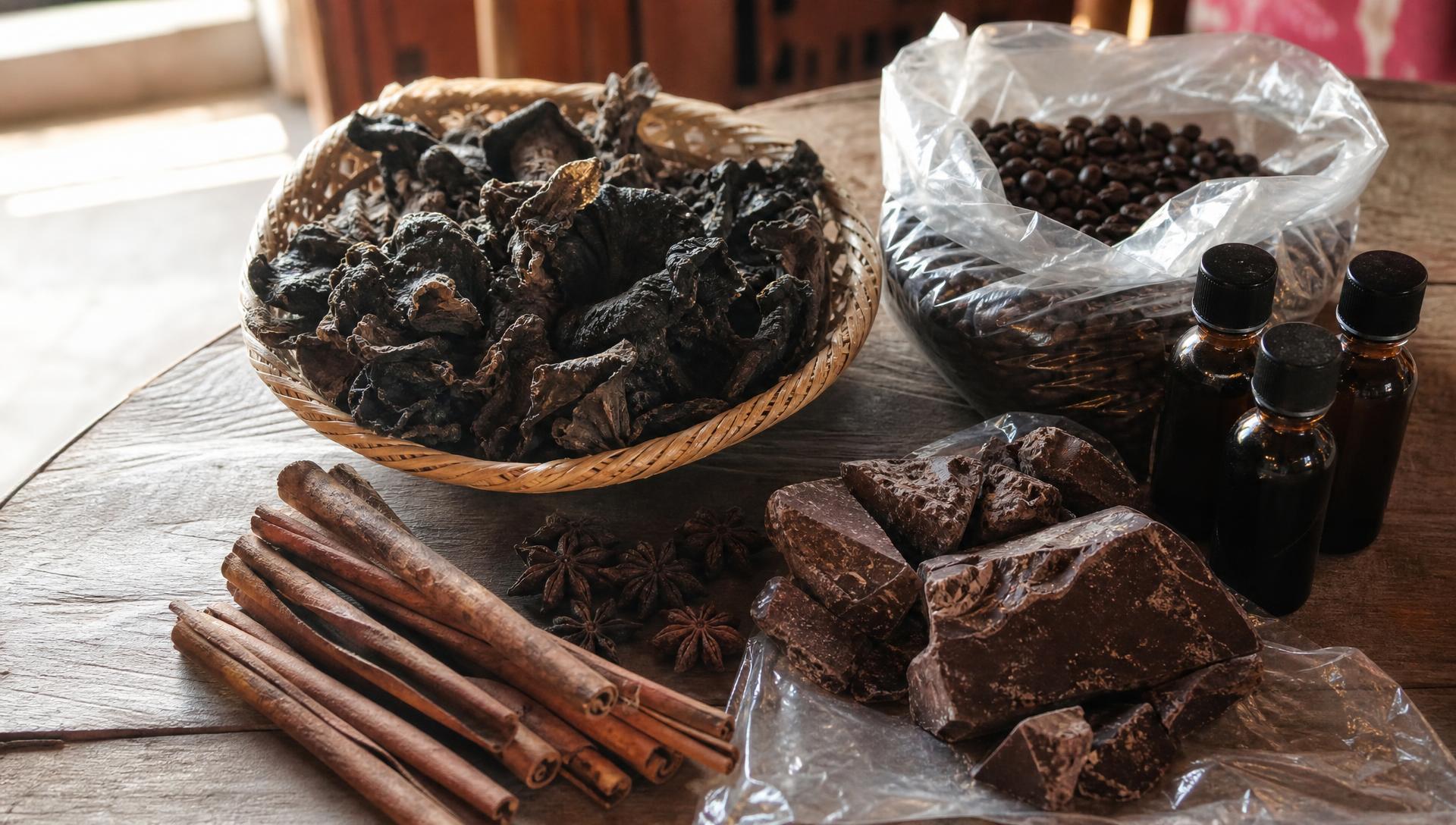 Haitian pantry goods: djondjon, cinnamon, cacao, coffee and vanilla on a wooden table
