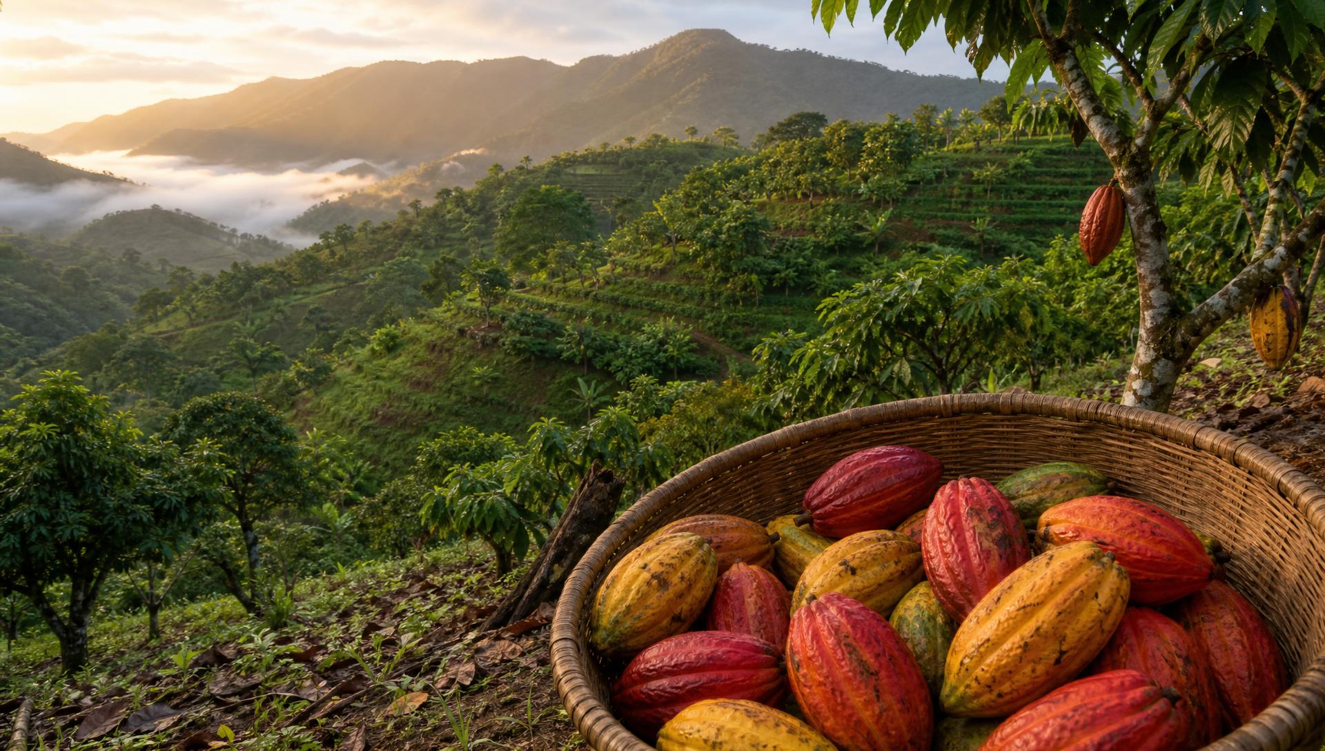 A Haitian mountain farm at sunrise with a basket of freshly harvested cacao pods
