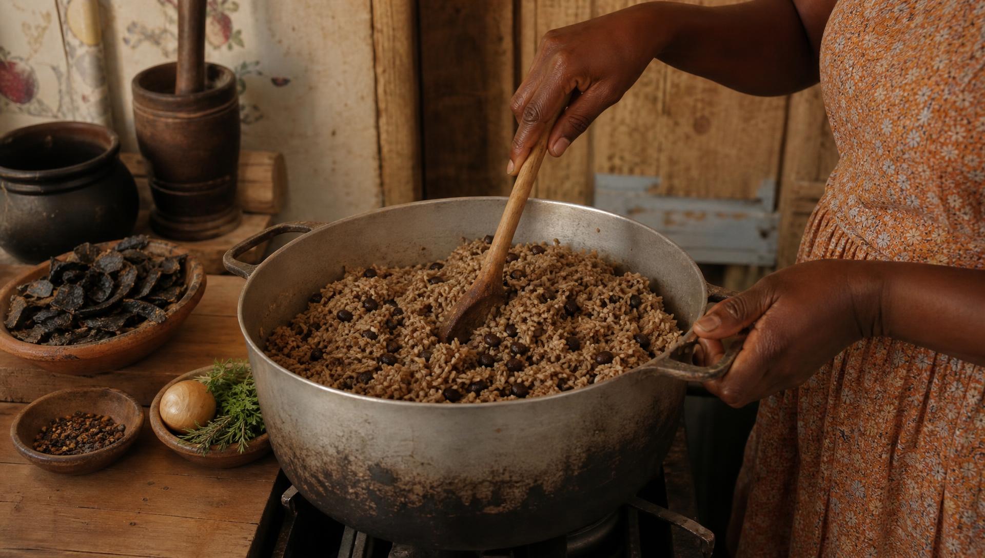 Diri djon djon simmering in a pot in a Haitian home kitchen