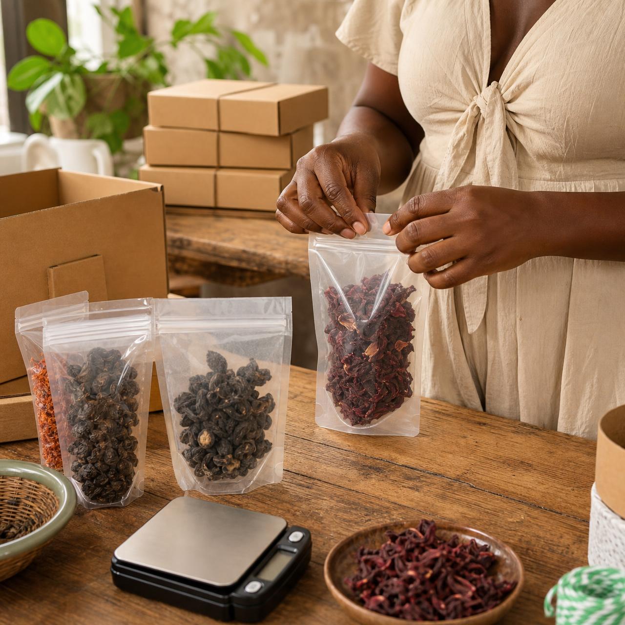 Erica packing Haitian dried goods for shipping